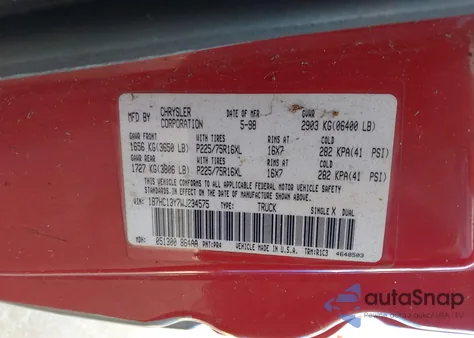 1998 Dodge Ram 1500 St from USA, damaged, VIN 1B7HC13Y7WJ234575